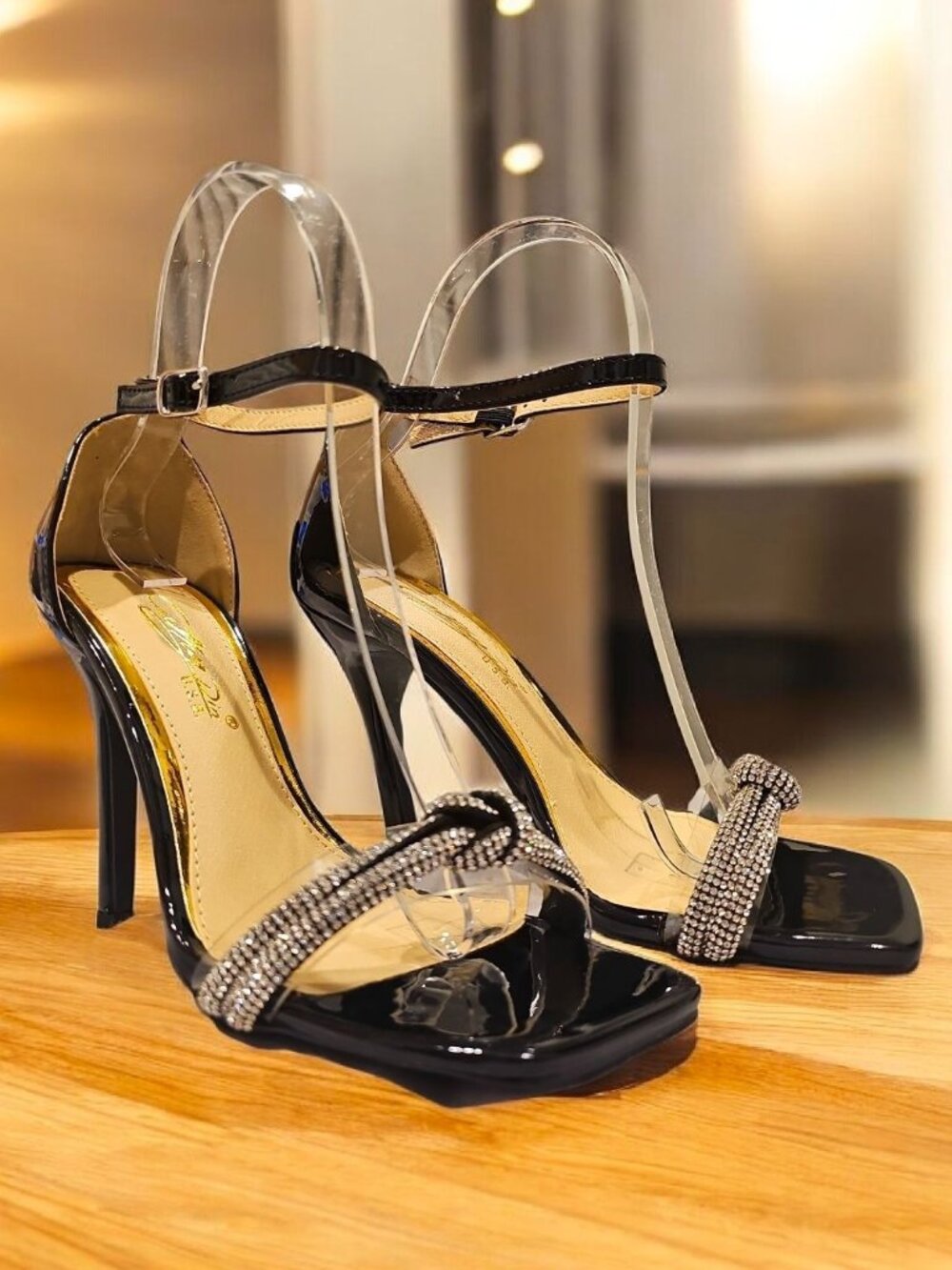 Black Patent Leather High Heels With Rhinestone Straps & Ankle Buckle Closure